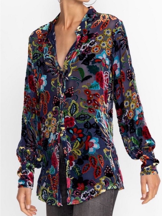 Johnny Was Tops - Johnny Was NWT Minto Velvet Burnout Yrene Blouse Colorful Silk Blend Size XXS